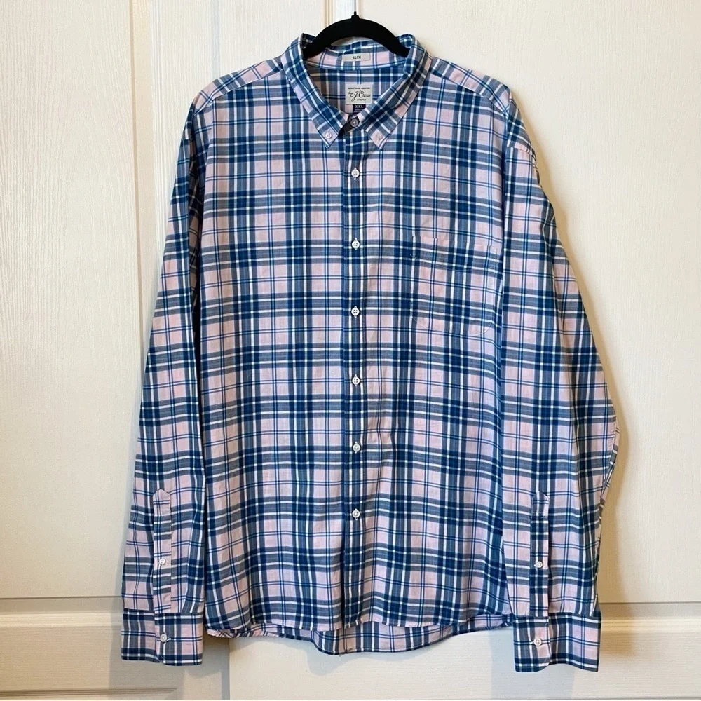 J. Crew Slim Shirt Long Sleeve Plaid Heather Blue Pink Men’s XXL Stretch